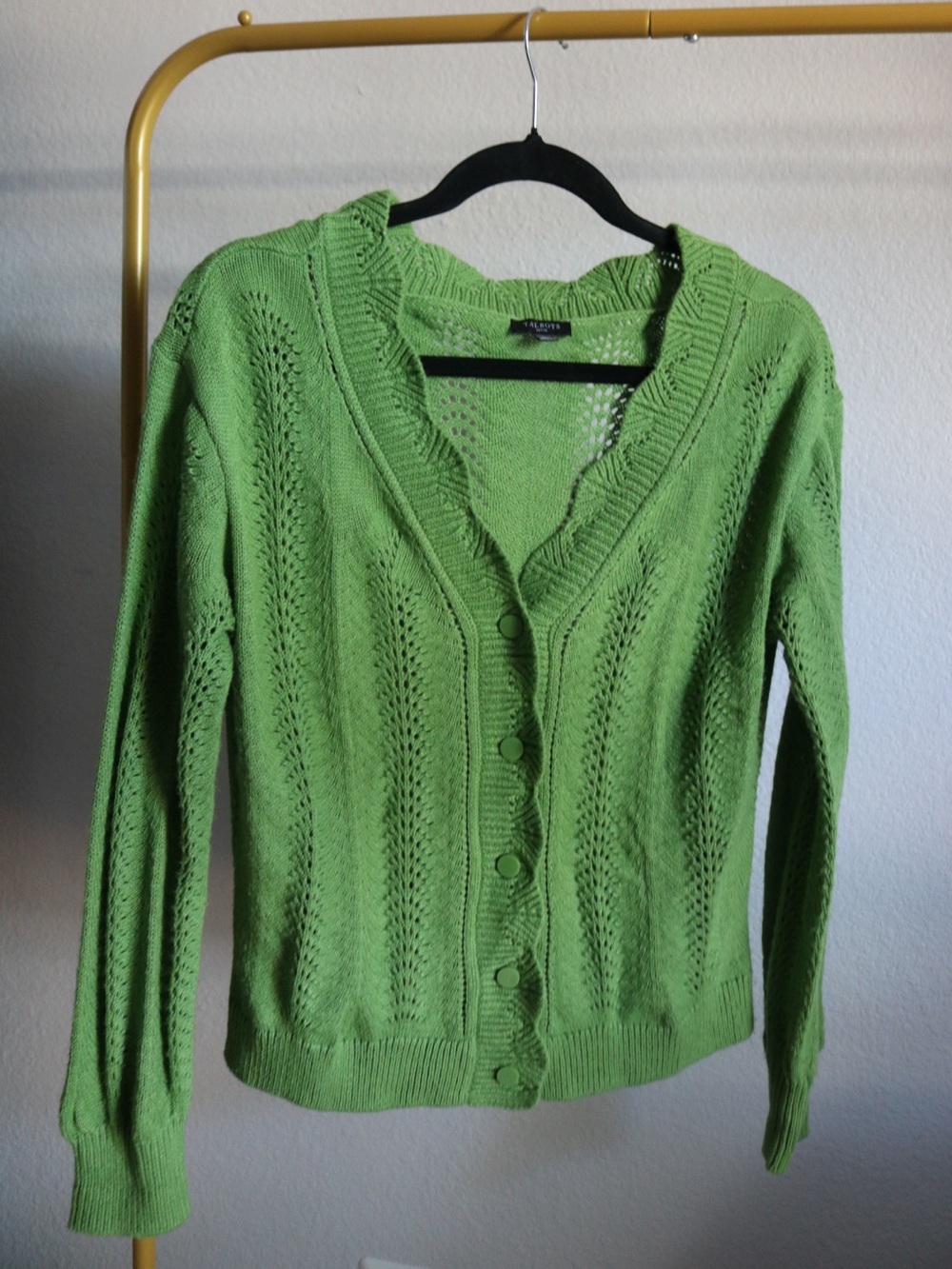 Talbots Petite Small Green Open Knit Pointelle Button Front Cardigan Sweater